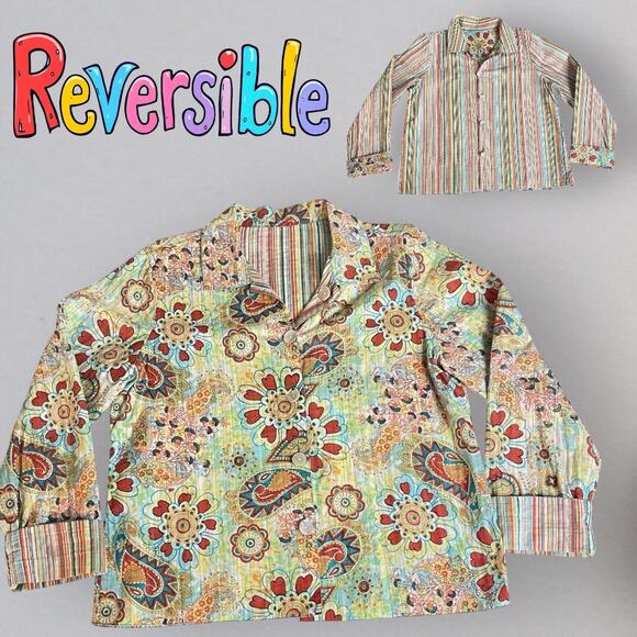 Reversible Double-Sided Blouse Jacket Abalone Buttons Paisley & Stripe M - Picture 1 of 9